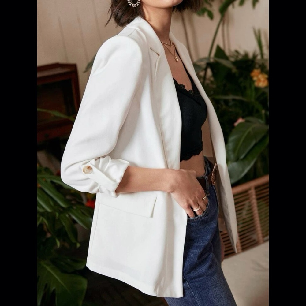 NWOT SHEIN Frenchy Open Front Roll Up Sleeve Blazer in White